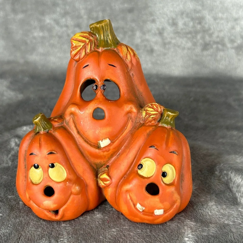 Vintage Halloween Ceramic Stacked Pumpkin Trio Tea Light Holder Jack-O-Lantern